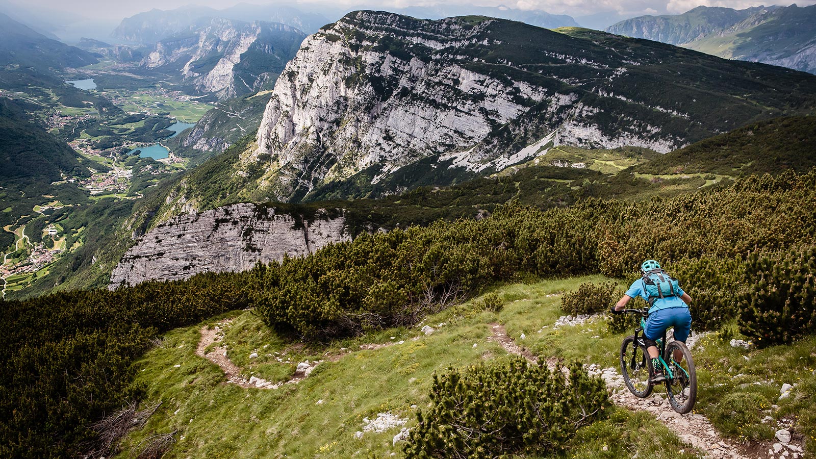 A cyclist is hiking the Brenta Dolomites