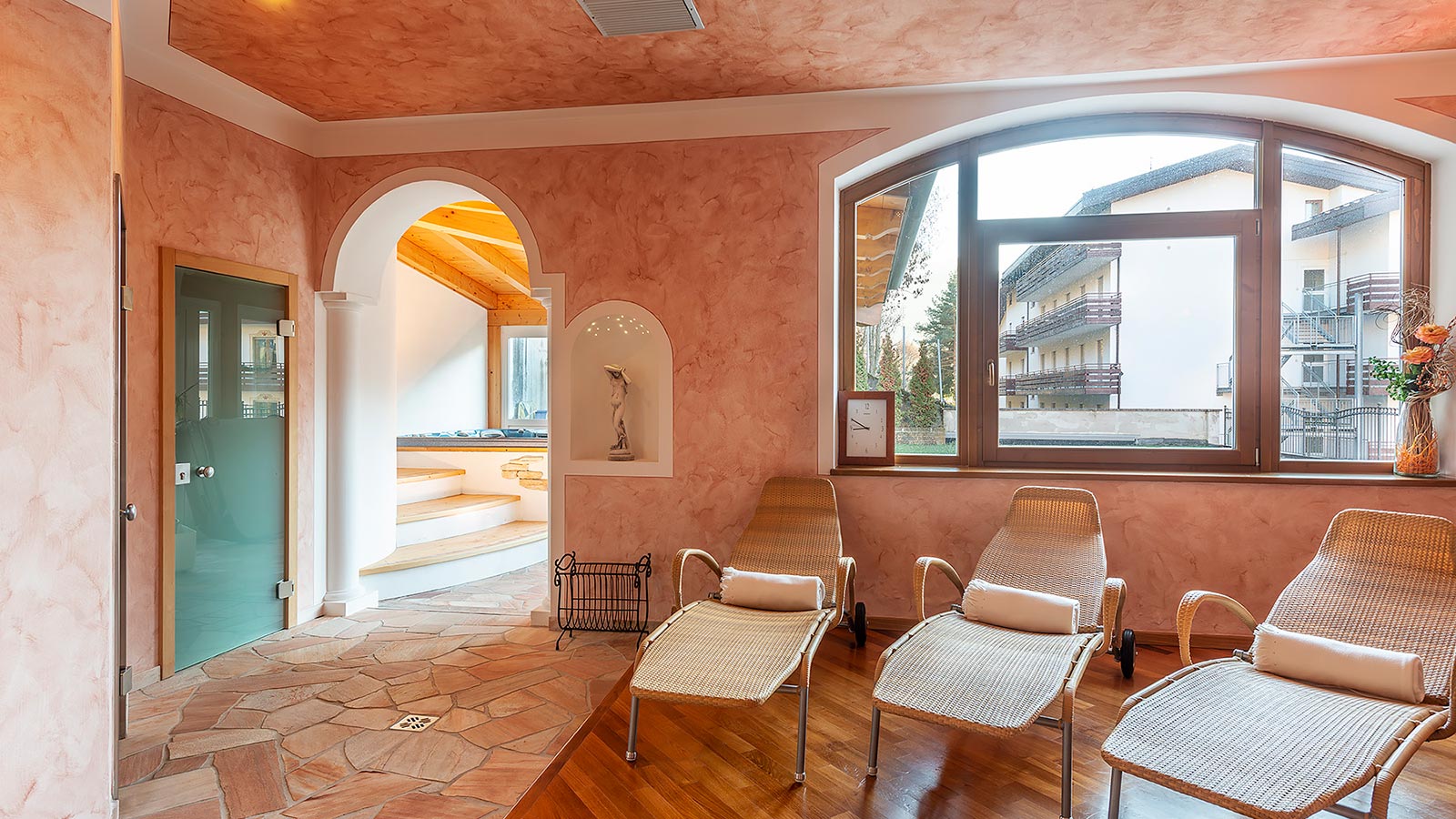 Detail of some beds in the relax area at Residence Antares in Andalo